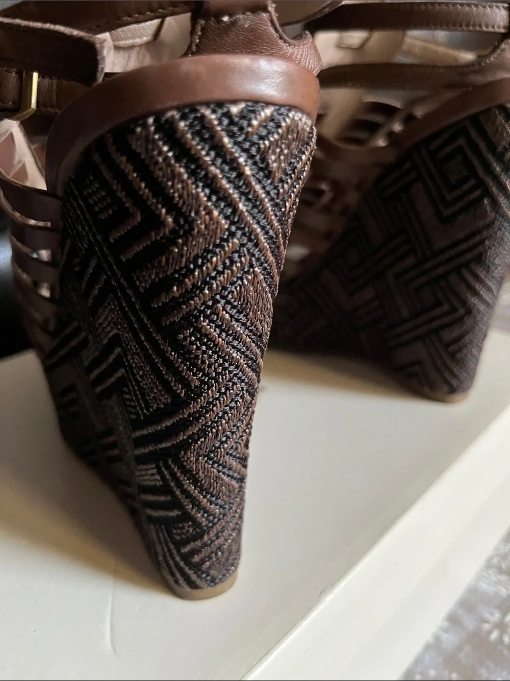 Joan & David Dastephy Brown Leather Caged Wedge Sandal Embroidered Platform